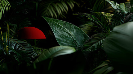A red lamp amidst lush green foliage and vibrant plants