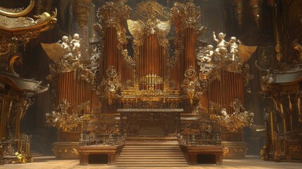Fototapeta premium Ornate Baroque Concert Hall Interior with Golden Organ and Sculptures