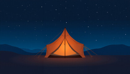 Camping tent glowing under starry night sky, adventurous serenity