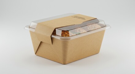 Eco-Friendly Food Container with Lid - Brown cardboard food container with clear plastic lid, ideal for takeout or delivery. Perfect for showcasing healthy meals