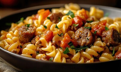 Delicious close-up of Italian sausage pasta garnished with fresh herbs and tomatoes in a dark bowl