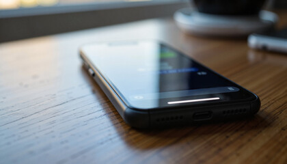 Smartphone showcasing new message notifications on wooden desk, communication