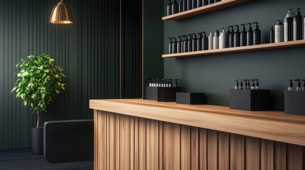 Modern minimalist salon interior with wooden counter, green walls, and stylish product displays