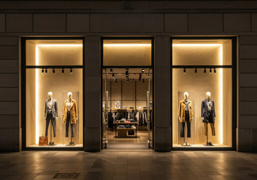 Evening Elegance: Clothing Store Facade - Sophisticated apparel store showcasing modern fashion, warm lighting, stylish mannequins, and inviting window displays. Symbolizes , quality, elegance