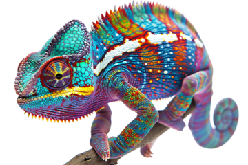 Stunning panther chameleon exhibiting its vibrant palette isolated on transparent background