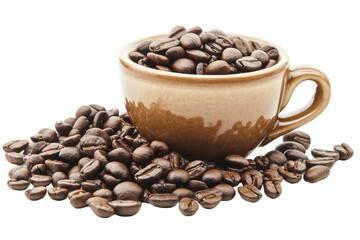 Fototapeta premium Coffee Beans Spilling From Brown Cup Isolated On Transparent background For Culinary and Beverage Concepts