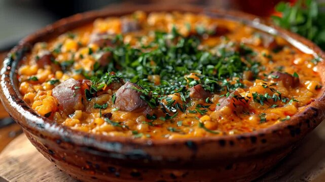 Traditional bulgur pilaf serving, seasoned meat topping, vibrant tomato sauce, garnished with fresh parsley on ceramic plate