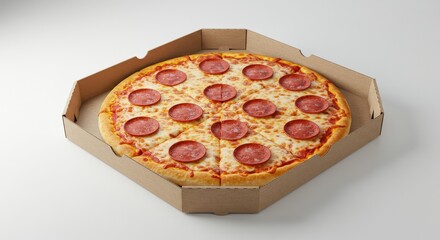 Frozen Pepperoni Pizza in Takeout Box - Delicious frozen pepperoni pizza in a cardboard takeout box, ready for the oven. Perfect for a quick meal, convenience
