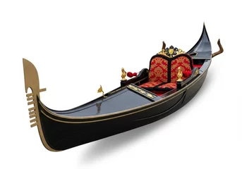 Wall murals Elegant Venetian Gondola - A luxurious black gondola with ornate gold detailing and rich red upholstery, set against a white background