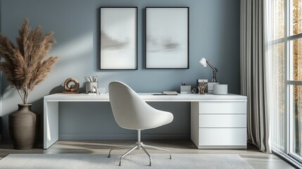Interior photograph depicts a modern desk and office space design