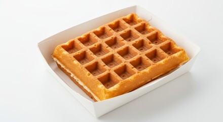 Golden Brown Waffle in White Carton - A single, golden-brown waffle sits neatly in a white cardboard container, ready to be enjoyed