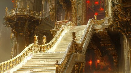 Fototapeta premium Elegant Golden Staircase with Intricate Design and Ambient Light