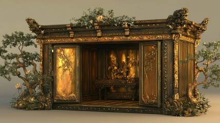 Ornate Decorative Structure with Nature Elements and Fine Artworks