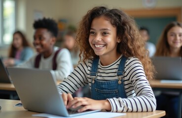 Happy high school girl uses laptop in class. Student smile, learn, research, study. E-learning, online lesson. Modern education, connection, cyberspace. Diverse classmates on background. Woman type