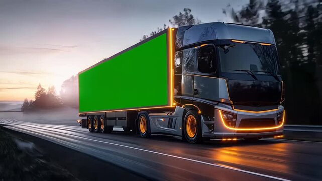 Sleek semi truck gliding across highway, illuminated lights piercing dawn landscape, delivering cargo with advanced technological efficiency