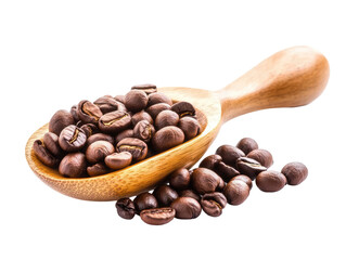 Fototapeta premium Freshly Roasted Coffee Beans in Wooden Spoon and Surrounding Fresh Coffee Seeds for Premium Coffee Lovers