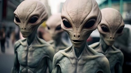 Menacing grey aliens traversing deserted city street, signaling imminent extraterrestrial conquest and impending global destruction - Powered by Adobe