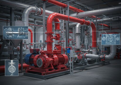 Industrial Fire Pump System - A detailed view of a fire pump system in an industrial setting, showcasing intricate piping, valves, and the central pump unit