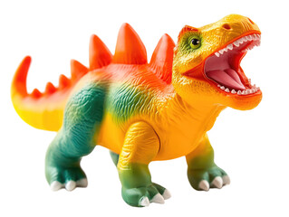 Naklejka premium Colorful Toy Dinosaur Roaring with Open Mouth on Transparent background, Isolated and Ready for Imaginative Play
