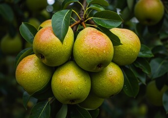 Obraz premium Juicy Pears on Branch - A cluster of ripe pears hanging from a branch, glistening with water droplets. Symbolizing abundance, freshness, nature's bounty, healthy eating, and harvest time