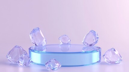 Transparent crystals and a podium in an artistic digital render