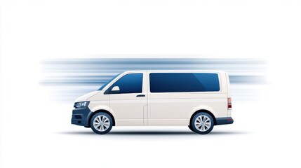 White minivan speeding, side view, isolated on white background.  Motion blur effect suggests fast travel.