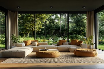 Fototapeta premium A modern, simple living room with large windows overlooking a lush garden, evoking calm and sustainability. Perfect for ads or articles on eco-friendly living and minimalist interior design.