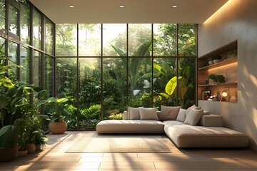 Fototapeta premium A modern, simple living room with large windows overlooking a lush garden, evoking calm and sustainability. Perfect for ads or articles on eco-friendly living and minimalist interior design.