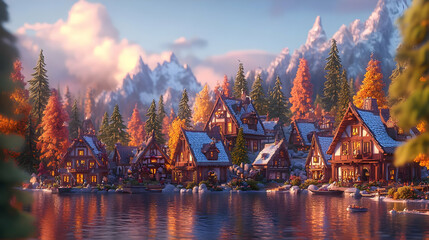 Fototapeta premium Picturesque Winter Village by a Tranquil Lake at Sunset