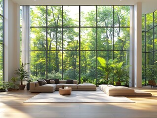 Fototapeta premium A modern, simple living room with large windows overlooking a lush garden, evoking calm and sustainability. Perfect for ads or articles on eco-friendly living and minimalist interior design.