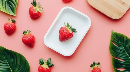Strawberry in dish on pink with leaves. For food blogging, healthy eating, recipe ideas