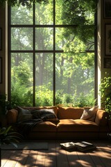 Obraz premium A modern, simple living room with large windows overlooking a lush garden, evoking calm and sustainability. Perfect for ads or articles on eco-friendly living and minimalist interior design.