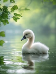 Obraz premium A graceful swan swimming elegantly in a calm lake surrounded by lush green vegetation