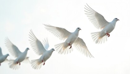 Obraz premium Group of white doves flies in bright sky. Graceful birds with spread wings. Symbol of love, peace, hope, freedom, purity, religion. Conceptual design element. Perfect for wedding celebration,