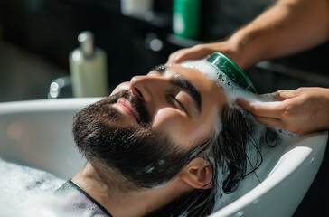 hairdresser cutting hair of man, hairdresser at work, young man shaving, barber makes a hair of a client, young man shaving, young man having a massage