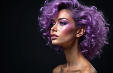 Fototapeta premium Beautiful woman model with elegant purple hair, stylish magenta makeup, jewelry. Glamour vogue salon beauty, hair styling, dyeing, care on isolated studio background. Natural female beauty.