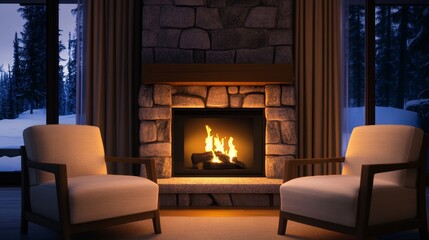 Fototapeta premium Cozy winter evening by a stone fireplace with two armchairs, snow-covered trees outside