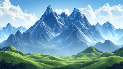 Fototapeta premium Majestic mountain range depicted with green hills and clear skies