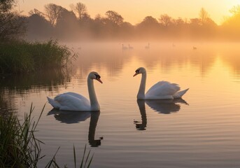 Fototapeta premium Swans at Sunrise on Serene Lake - Two graceful swans swim on a calm lake at sunrise, symbolizing peace, love, beauty, serenity, and tranquility. Golden sunrise light reflects on the water