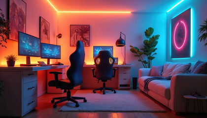 Futuristic gaming setup in cozy room with colorful LED strip lighting. Two monitors on desk with computer chair. Interior of modern home with sofa, plant, illuminated vibrant neon decor. Relaxing