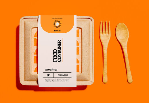 Food Container Packaging Mockup with Sustainable Wooden Cutlery