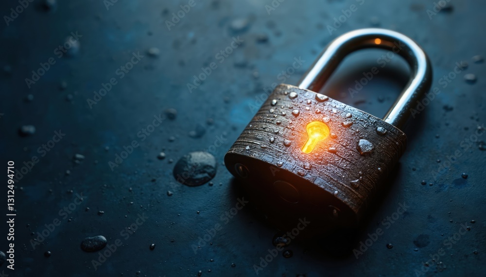 Aufkleber Close-up of illuminated padlock on textured blue background, representing digital security. Covered with water drops, illuminated keyhole. Protection, encryption, data access safety, cyber crime