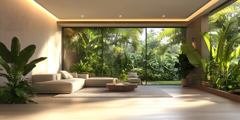 Fototapeta premium A modern, simple living room with large windows overlooking a lush garden, evoking calm and sustainability. Perfect for ads or articles on eco-friendly living and minimalist interior design.