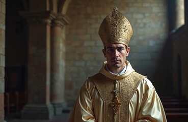 Solemn portrait of bishop in ornate mitre, ceremonial robes. Serious expression. Dimly lit historical church with dramatic light enhances spiritual, traditional mood. Faith, devotion, belief,