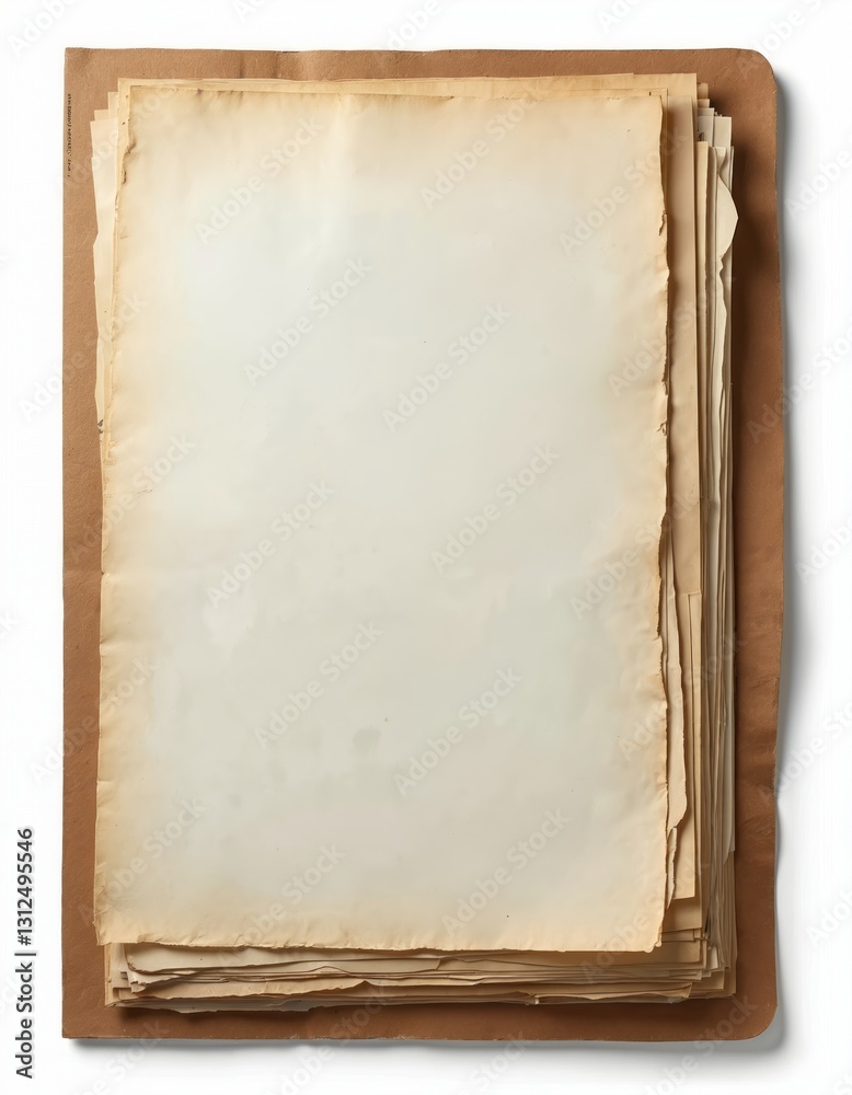 Aufkleber Stack of aged papers within old folder. Blank sheets with rough edges show stained textured surface. Perfect for backgrounds, documents, vintage designs for mockups. Aged look gives special retro