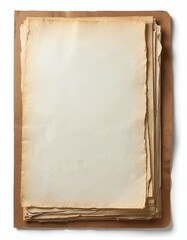 Stack of aged papers within old folder. Blank sheets with rough edges show stained textured surface. Perfect for backgrounds, documents, vintage designs for mockups. Aged look gives special retro