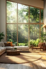 Fototapeta premium A modern, simple living room with large windows overlooking a lush garden, evoking calm and sustainability. Perfect for ads or articles on eco-friendly living and minimalist interior design.