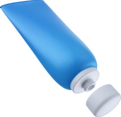 Plastic blue tube for cream, tooth paste or gel in 3d cartoon glossy style. Realistic food or hygiene package. Vector illustration of healthcare equipment.
