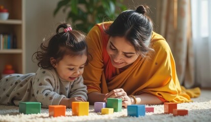 joyful indian mom and baby playing at home