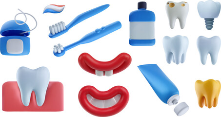 Stomatology and orthodontics tools. Dental care or treatment design elements in 3d realistic style. Toothpaste, implant, toothbrush, clean and sore tooth. Cartoon vector illustration.
